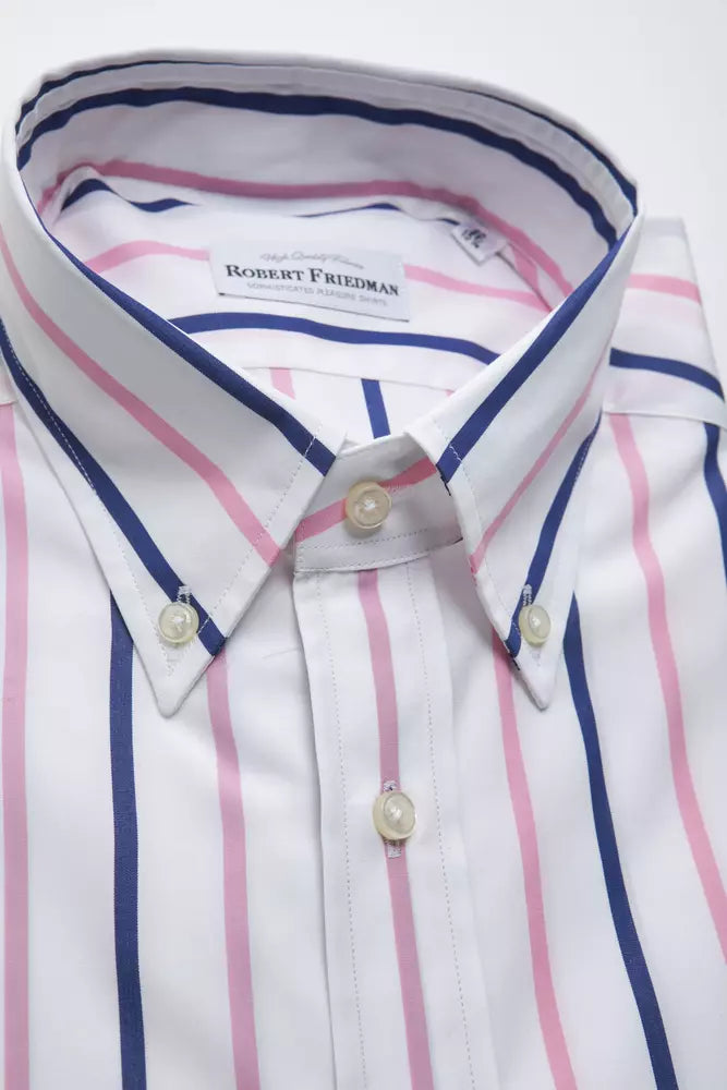 Robert Friedman Men's White Striped Cotton Button Down Shirt