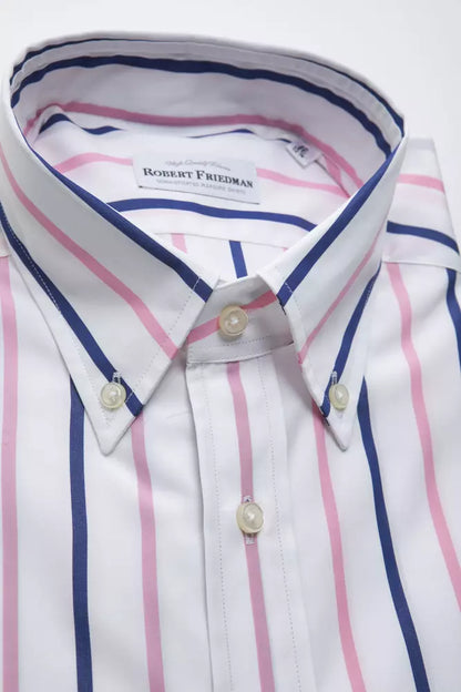 Robert Friedman Men's White Striped Cotton Button Down Shirt