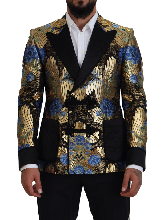 Dolce & Gabbana Men's Double Breasted Rayon Silk & Wool Blazer - Black Blue Gold Patterned Floral