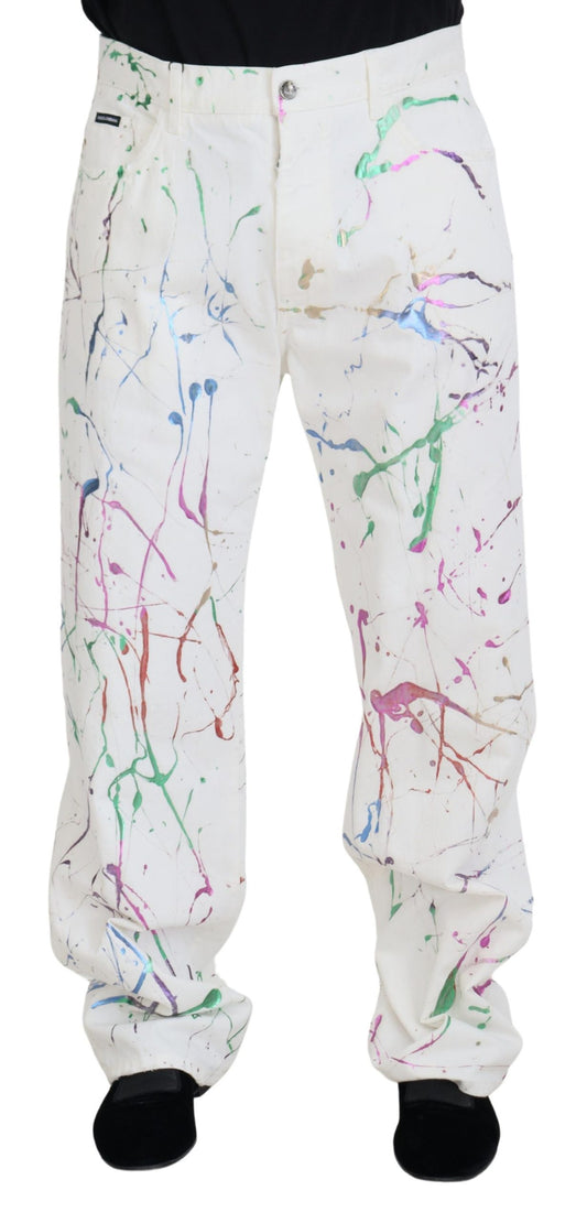 Dolce & Gabbana Men's White Cotton Color Splash Print Denim Pants