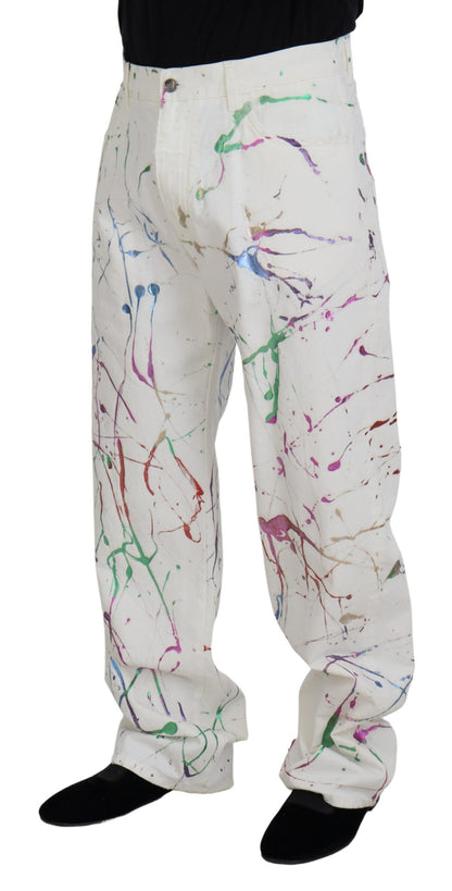 Dolce & Gabbana Men's White Cotton Color Splash Print Denim Pants