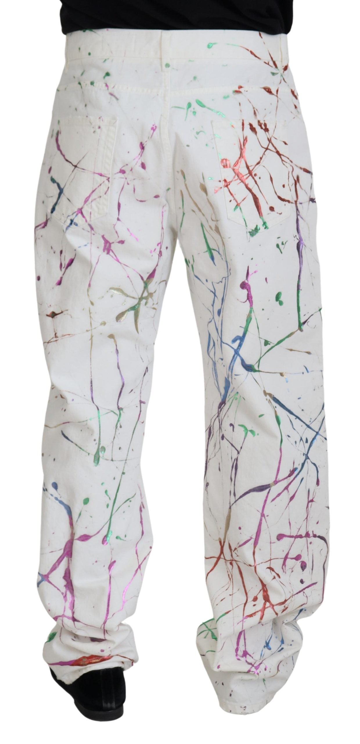 Dolce & Gabbana Men's White Cotton Color Splash Print Denim Pants