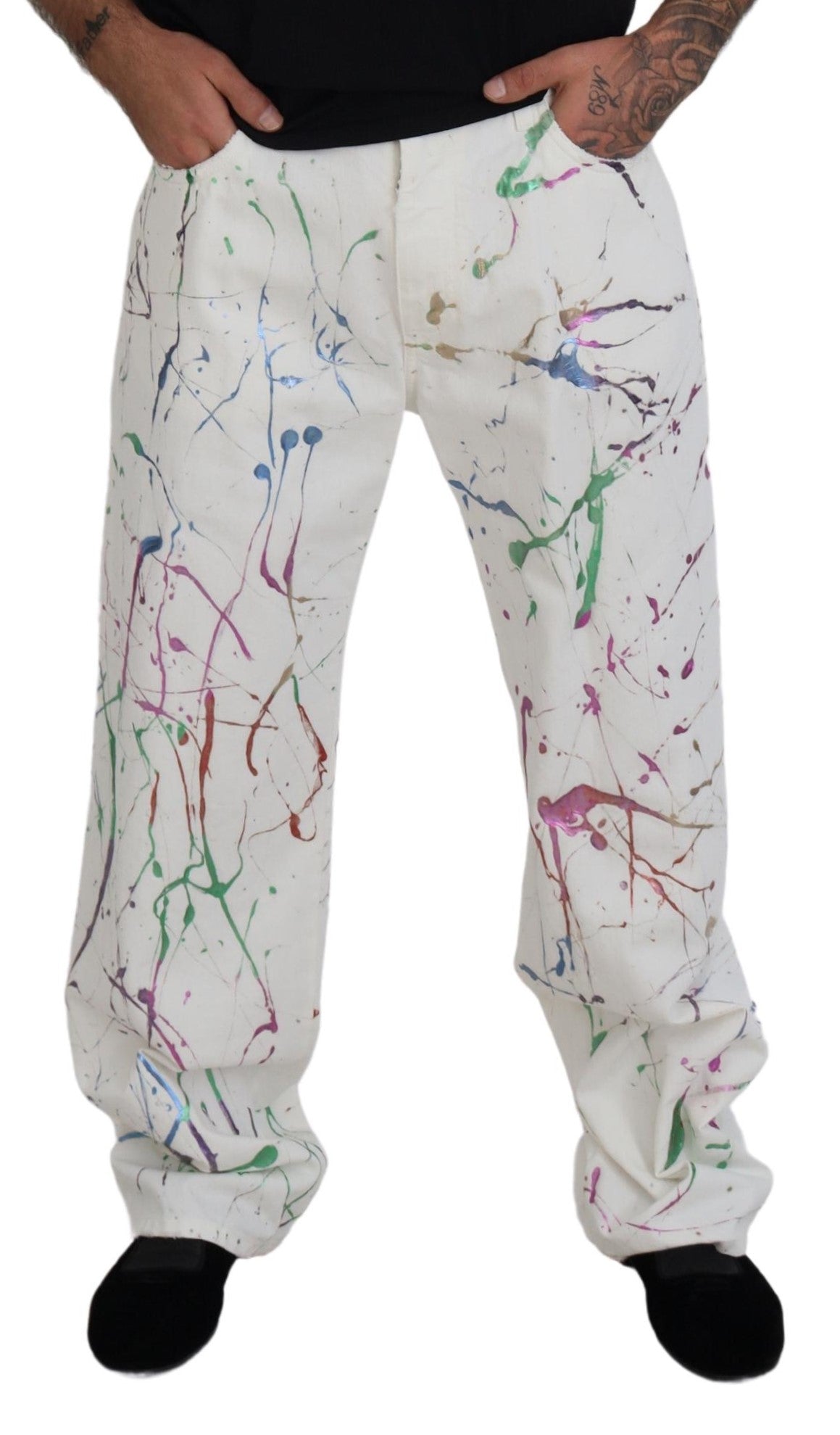 Dolce & Gabbana Men's White Cotton Color Splash Print Denim Pants