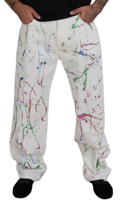 Dolce & Gabbana Men's White Cotton Color Splash Print Denim Pants