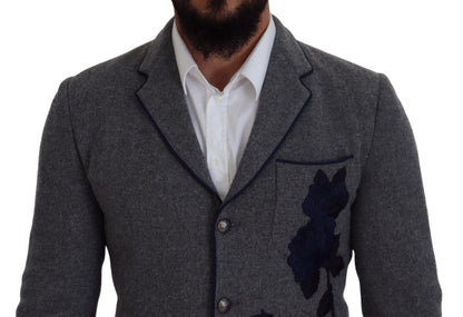 Dolce & Gabbana Men's Gray Wool Roses Slim Fit Jacket Blazer