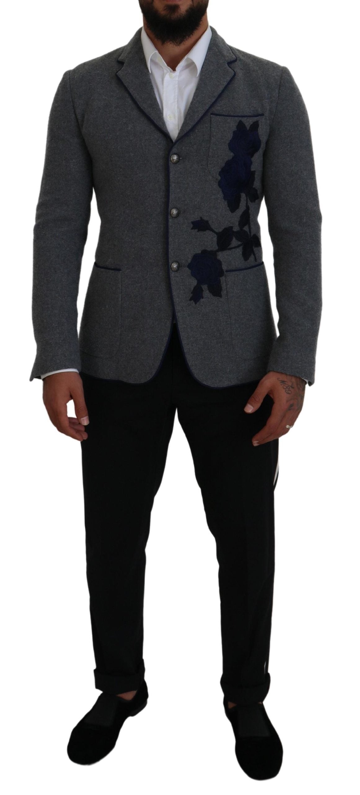Dolce & Gabbana Men's Gray Wool Roses Slim Fit Jacket Blazer