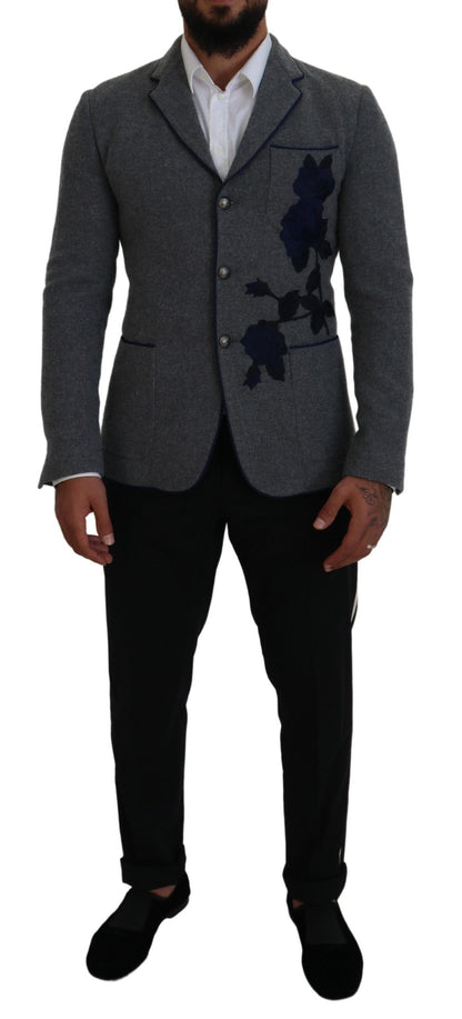 Dolce & Gabbana Men's Gray Wool Roses Slim Fit Jacket Blazer