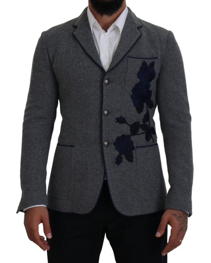 Dolce & Gabbana Men's Gray Wool Roses Slim Fit Jacket Blazer