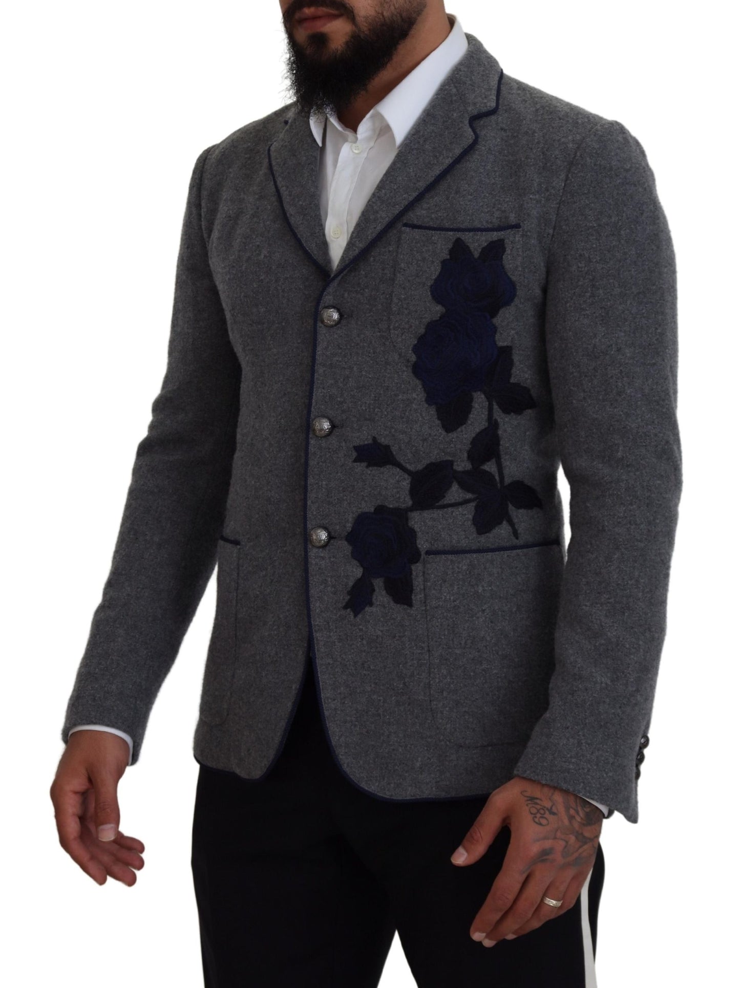 Dolce & Gabbana Men's Gray Wool Roses Slim Fit Jacket Blazer
