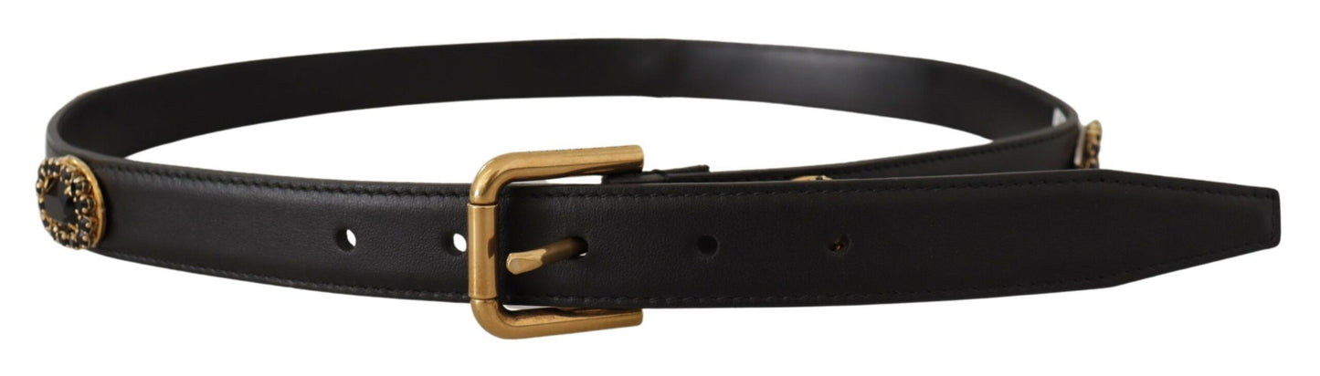 Black Leather Embellished Crystal Logo Belt