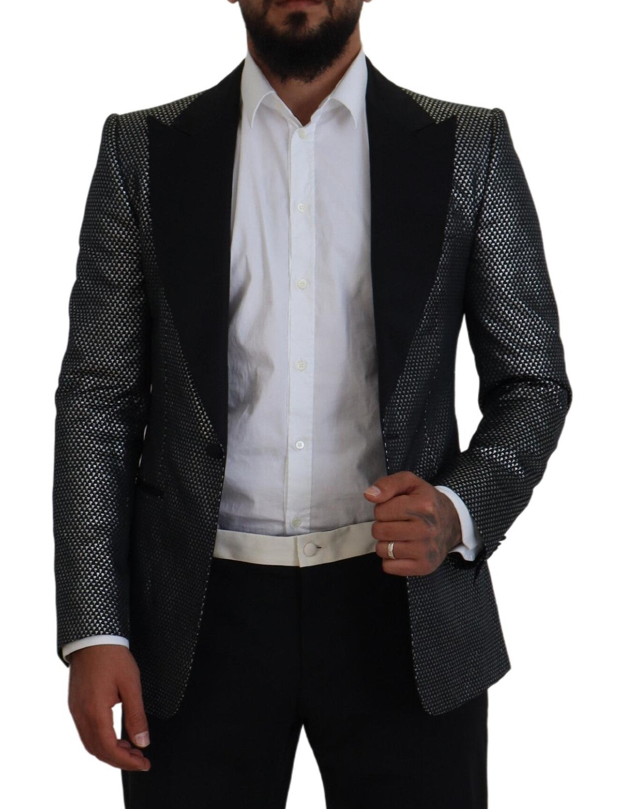 Dolce & Gabbana Men's Black Silver Jacquard Slim Fit Jacket Blazer