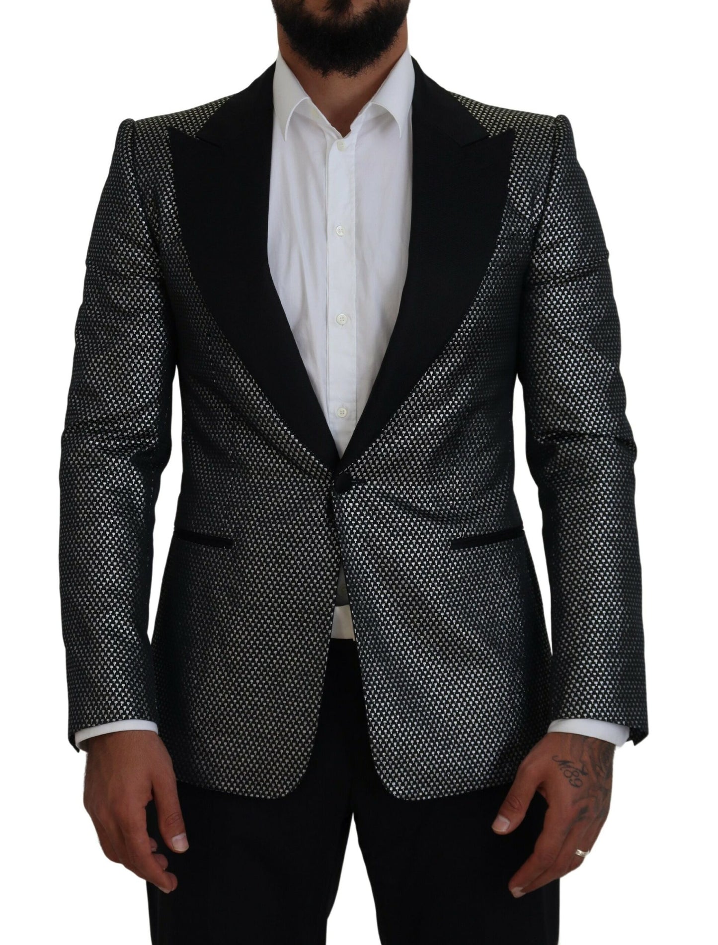 Dolce & Gabbana Men's Black Silver Jacquard Slim Fit Jacket Blazer