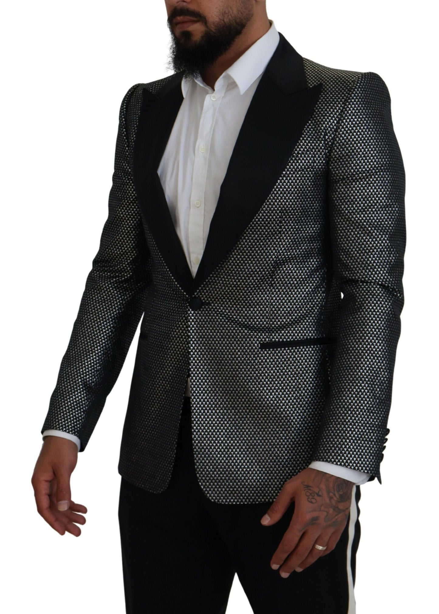 Dolce & Gabbana Men's Black Silver Jacquard Slim Fit Jacket Blazer