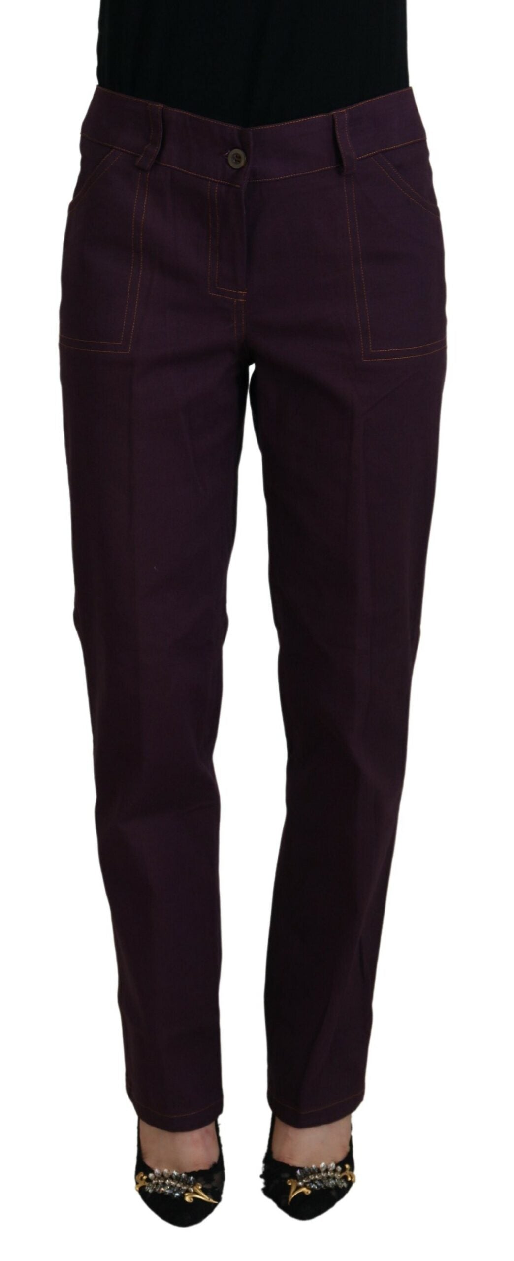 Bencivenga Purple Cotton Mid Waist Women Tapered Pants