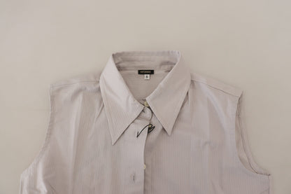 Ferre Women's Light Gray Stripes Cotton Sleeveless Collared Top