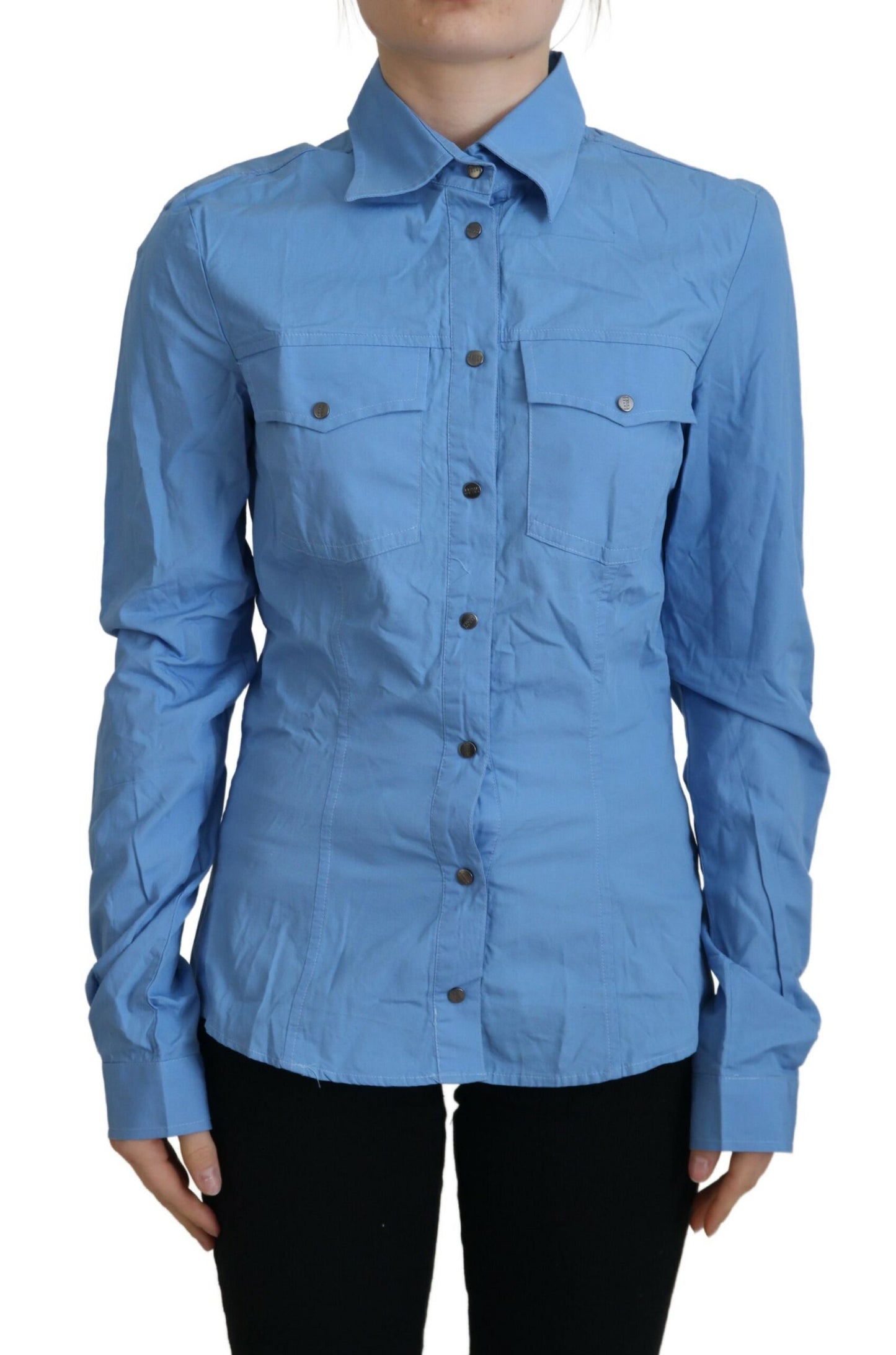 Ferre Women's Blue Cotton Long Sleeves Collared Button Down Top