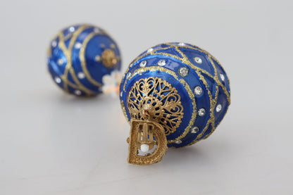 Gold Brass Blue Dangle Ball Crystal Clip On Earrings
