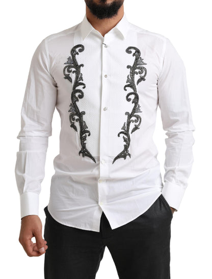 Dolce & Gabbana Men's White Tuxedo Slim Fit Baroque Shirt