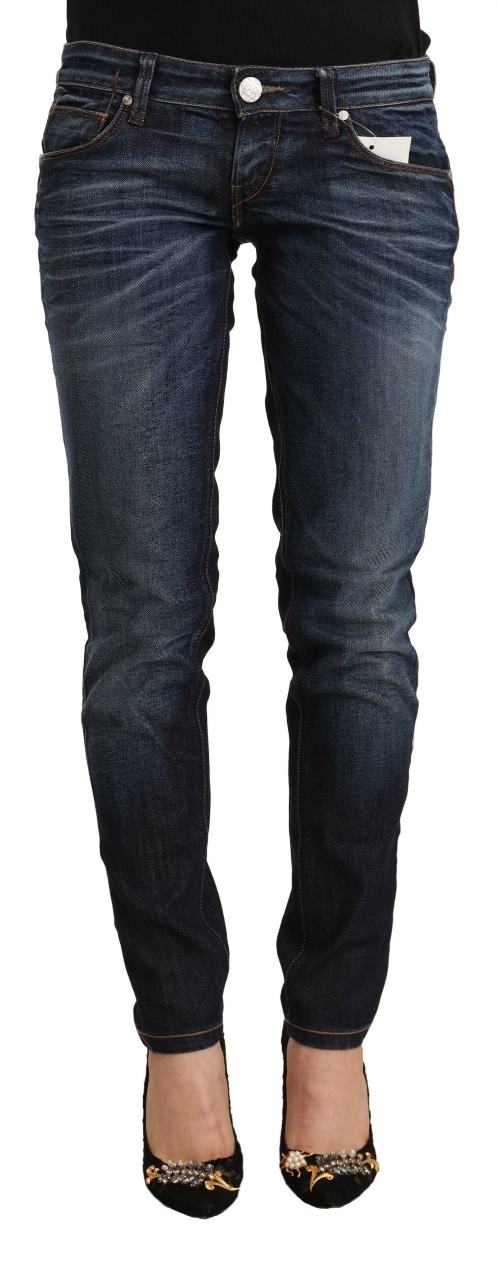 Acht Ladies Blue Washed Cotton Low Waist Skinny Denim Jeans
