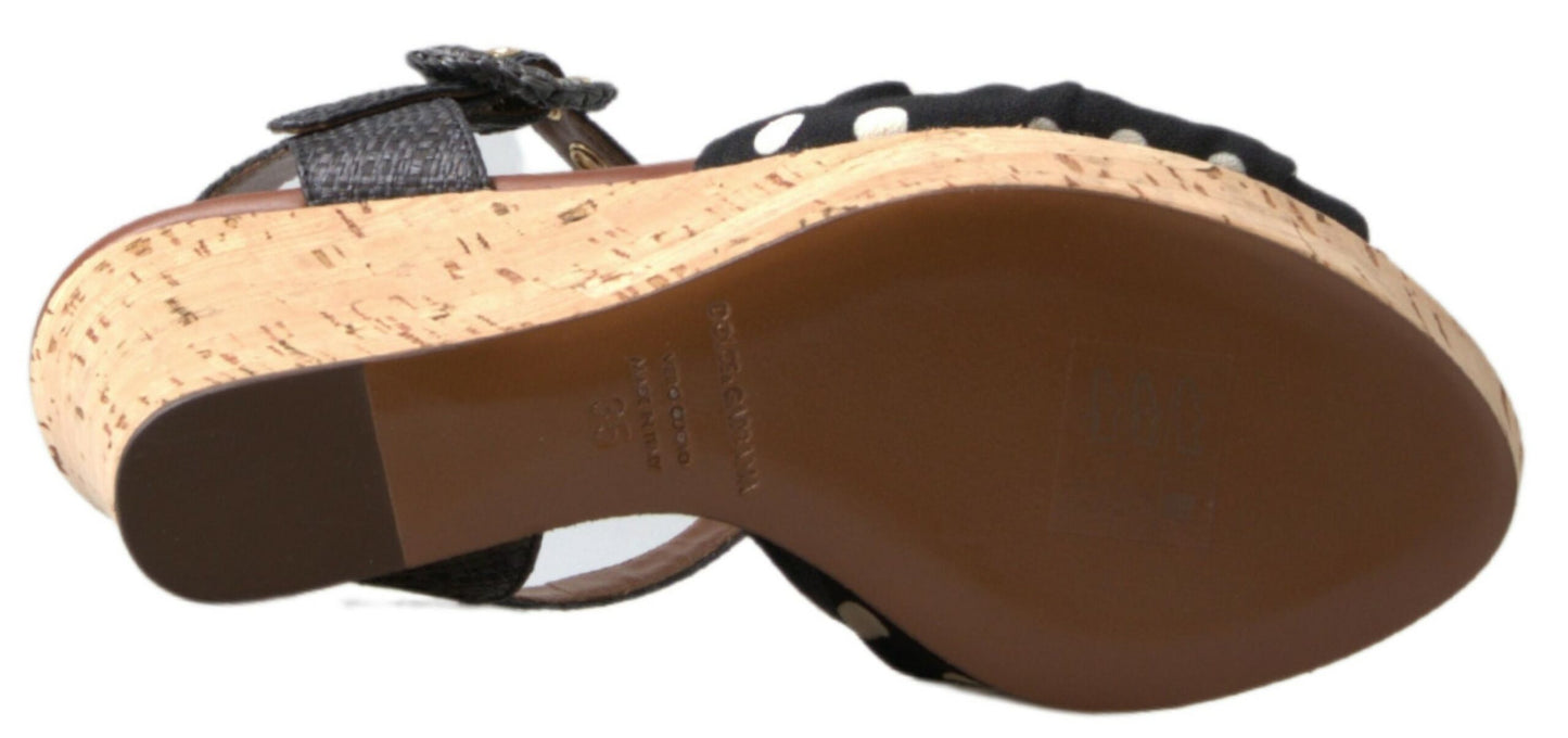 Dolce & Gabbana Black Wedges Polka Dotted Ankle Strap Shoes Sandals