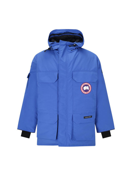 Blue jacket with a brand logo on a white background