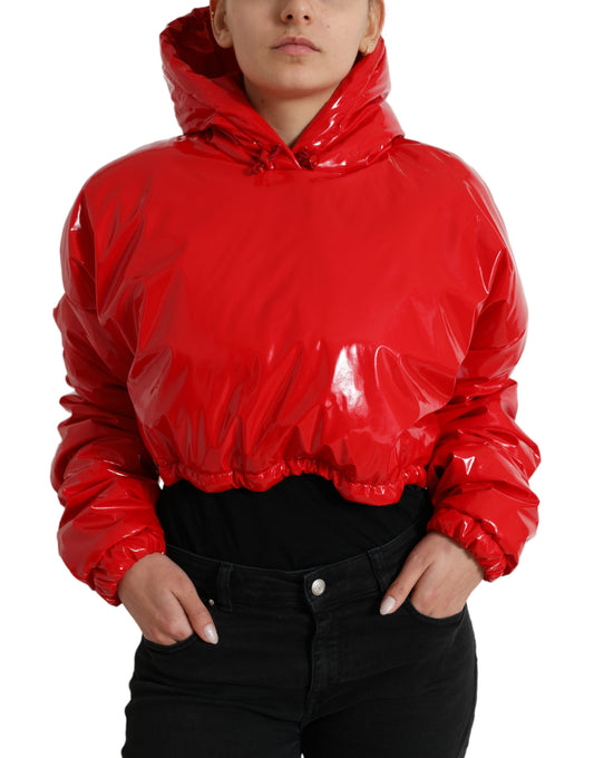 Dolce & Gabbana Women's Shiny Red Hooded Cropped Short Coat Jacket