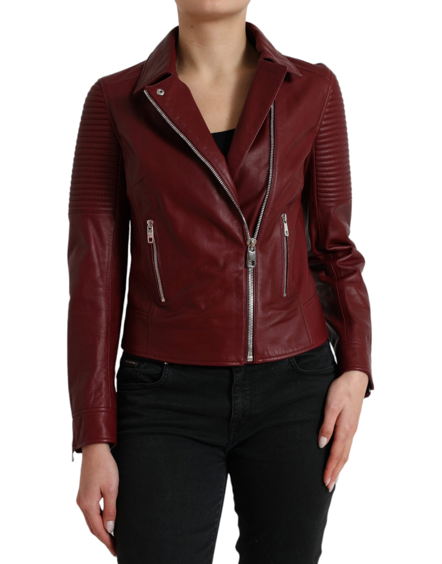 Dolce & Gabbana Women's Bordeaux Biker Leather Jacket