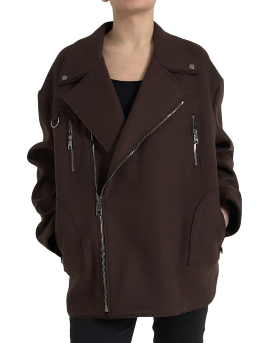 Dolce & Gabbana Women's Brown Coat Short Biker Wool Jacket