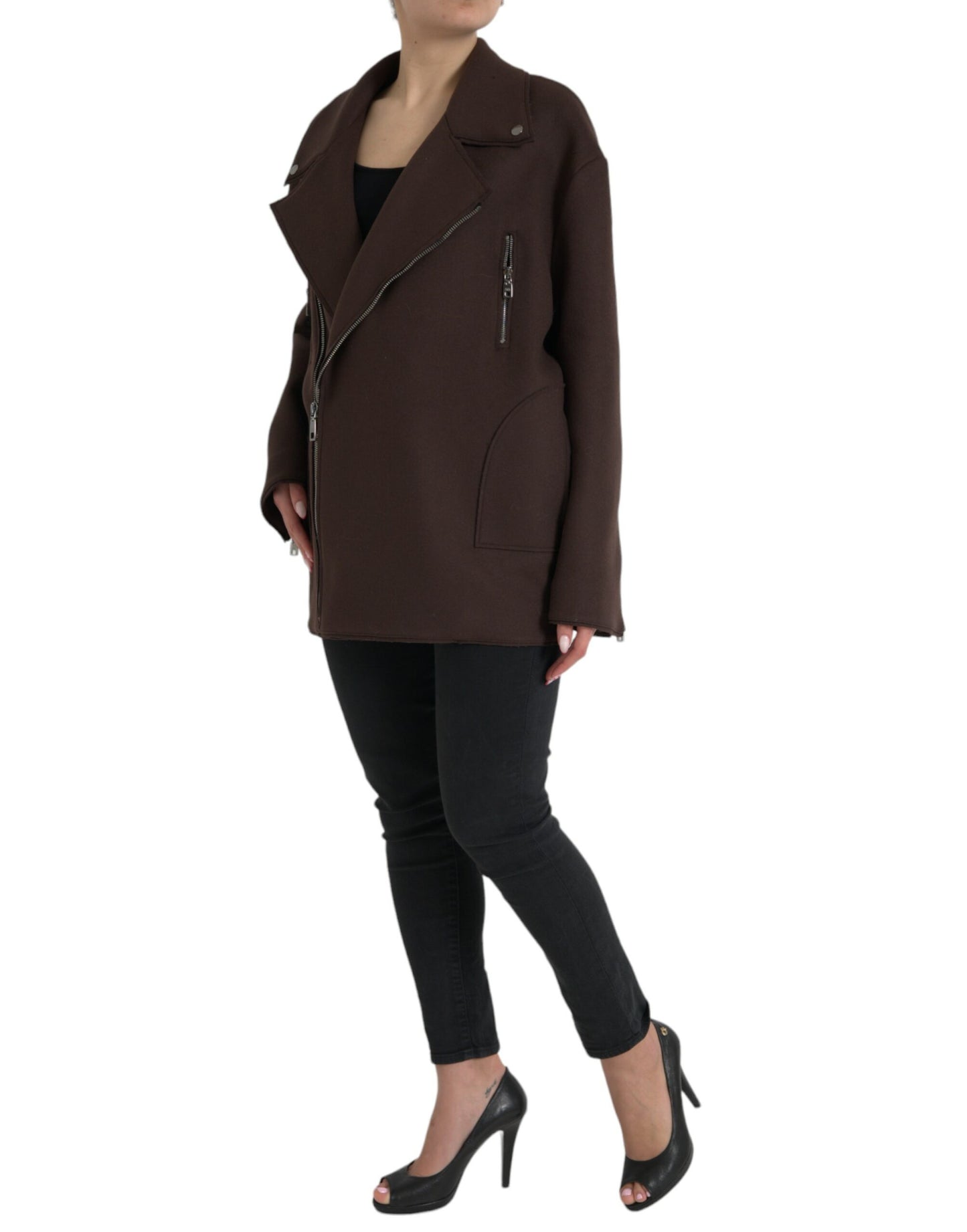 Dolce & Gabbana Women's Brown Coat Short Biker Wool Jacket