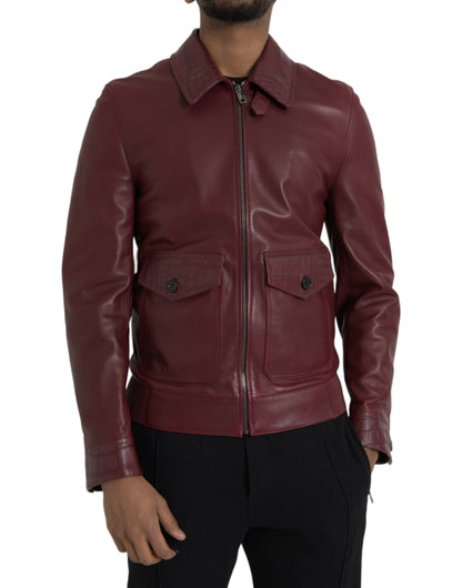 Dolce & Gabbana Men's Maroon Exotic Leather Zip Biker Coat Jacket