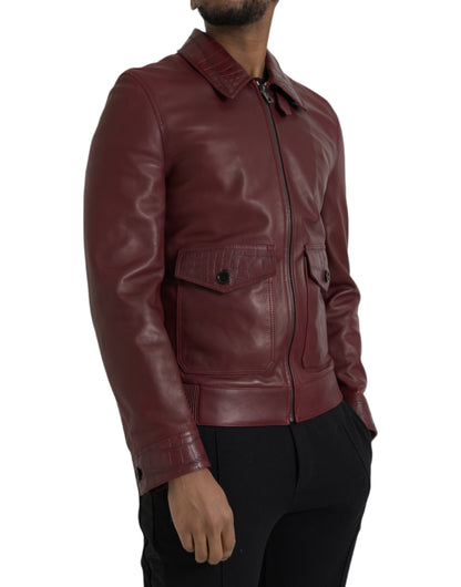 Dolce & Gabbana Men's Maroon Exotic Leather Zip Biker Coat Jacket