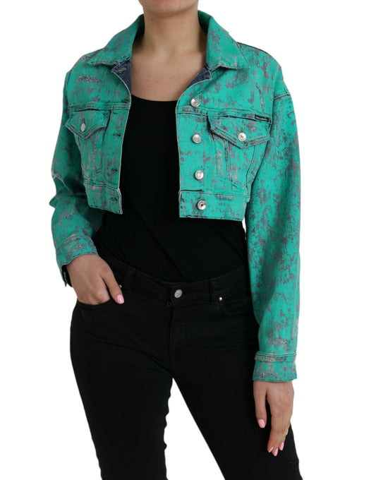 Dolce & Gabbana Women's Green Cotton Tie Dye Cropped Cropped Denim Jacket