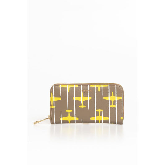 Beige & Yellow Airplane-themed Print Leather Wallet With Zip Closure