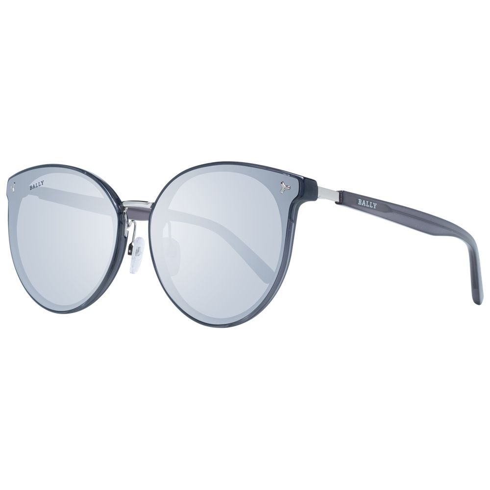 This Sunglasses by Bally for women in gray presents a sumptuous silhouette, showcasing a sumptuous full-rim round frame design in gray coloured frame and high-performance mirrored category-3-dark-tint lens.