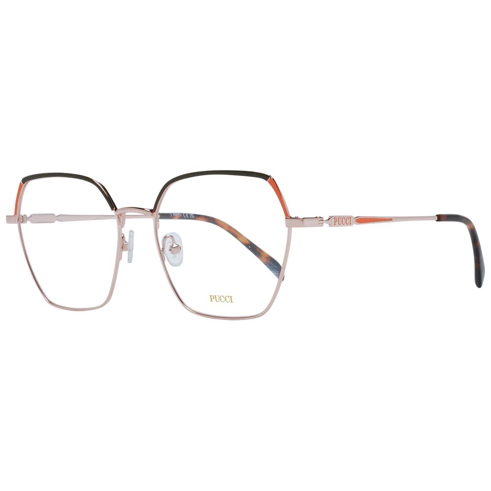 Eyeglasses Frames by Emilio Pucci for women in metal rose-gold showcases a refined full-frame frame design with a refined rose-gold coloured frame finish for a refined and sophisticated look.