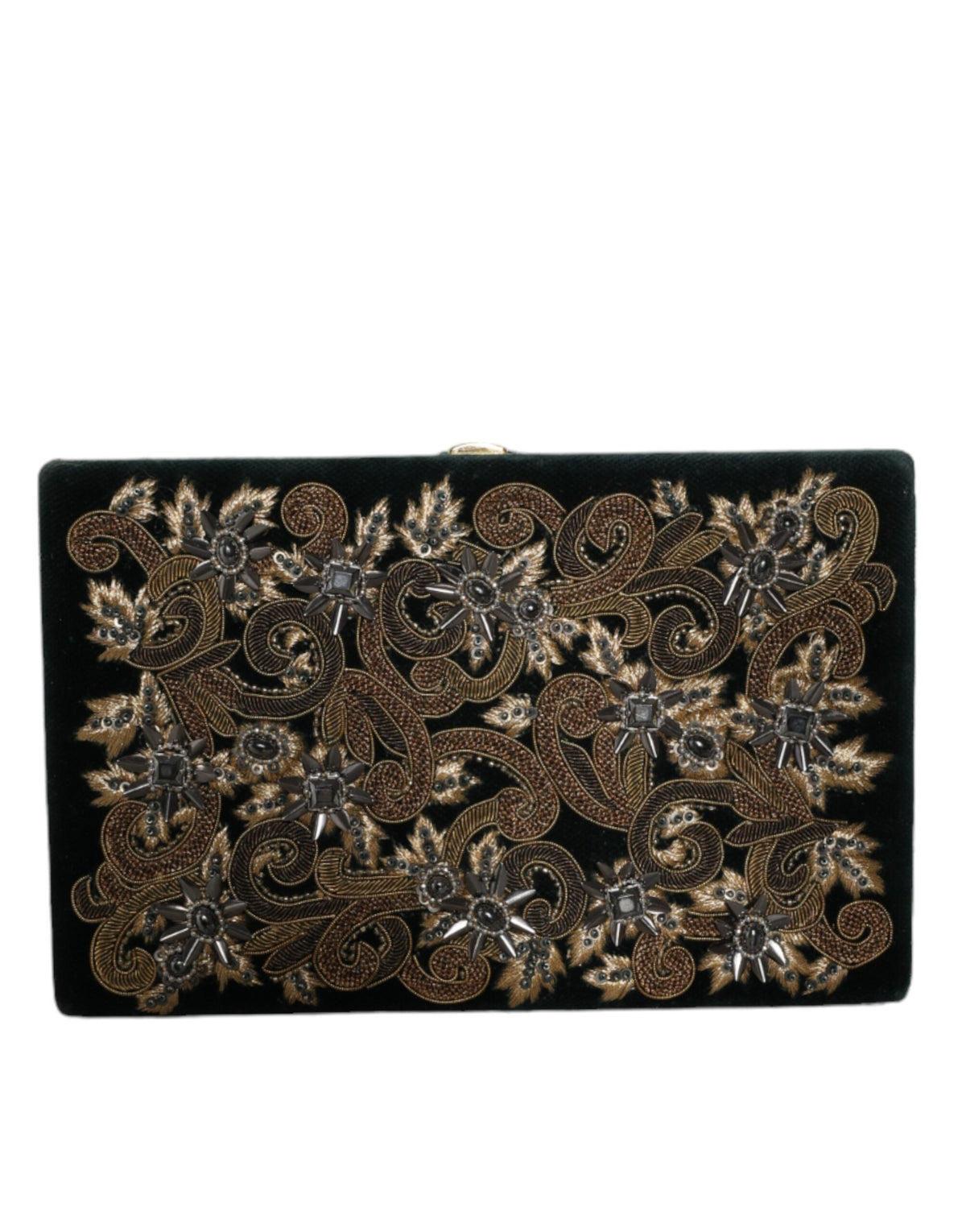 Dolce & Gabbana Velvet Poly Cotton Leather Compact Evening Box Clutch Convertible Handbag - Black Gold Pearl Signature