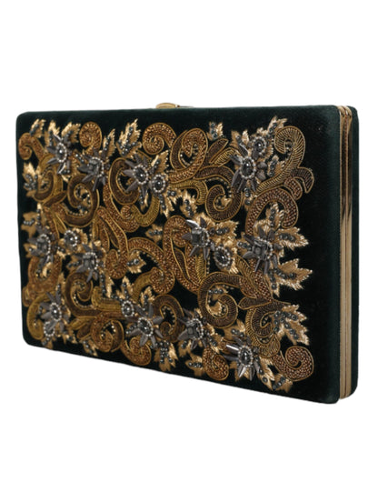 Dolce & Gabbana Velvet Poly Cotton Leather Compact Evening Box Clutch Convertible Handbag - Black Gold Pearl Signature