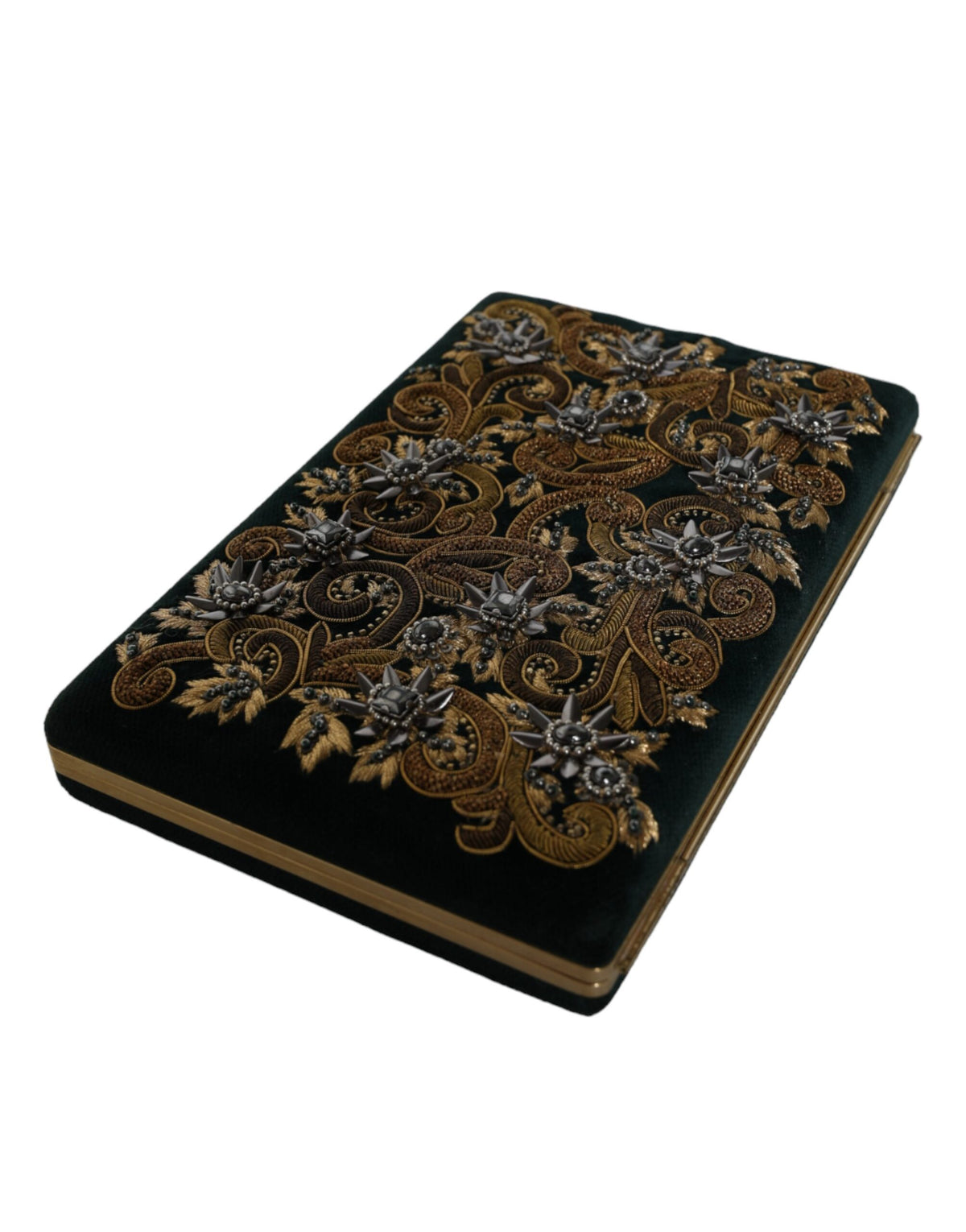 Dolce & Gabbana Velvet Poly Cotton Leather Compact Evening Box Clutch Convertible Handbag - Black Gold Pearl Signature