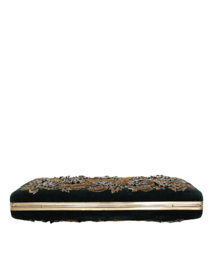 Dolce & Gabbana Velvet Poly Cotton Leather Compact Evening Box Clutch Convertible Handbag - Black Gold Pearl Signature