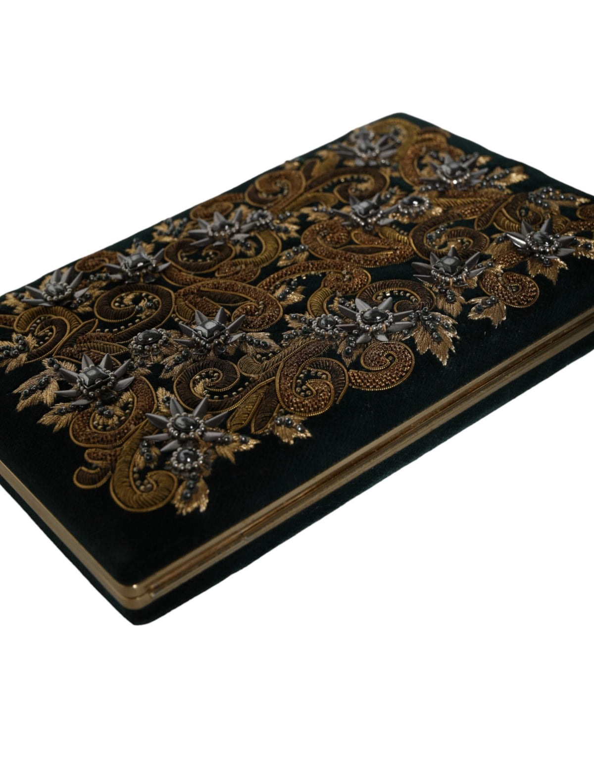 Dolce & Gabbana Velvet Poly Cotton Leather Compact Evening Box Clutch Convertible Handbag - Black Gold Pearl Signature