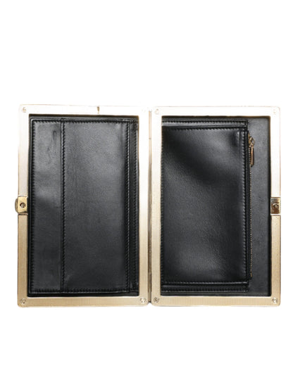 Dolce & Gabbana Velvet Poly Cotton Leather Compact Evening Box Clutch Convertible Handbag - Black Gold Pearl Signature