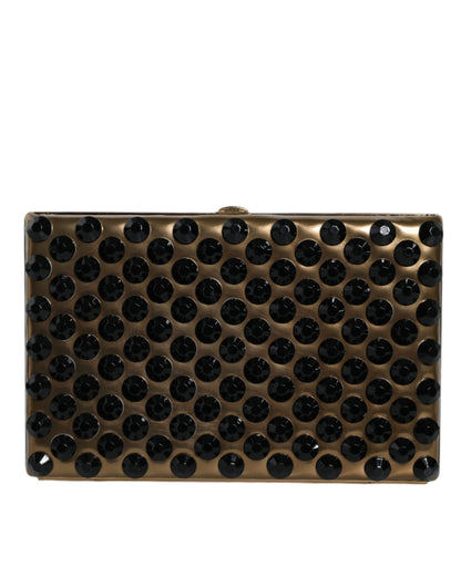 Dolce & Gabbana Leather Brass Evening Box Clutch Convertible Handbag - Black Gold
