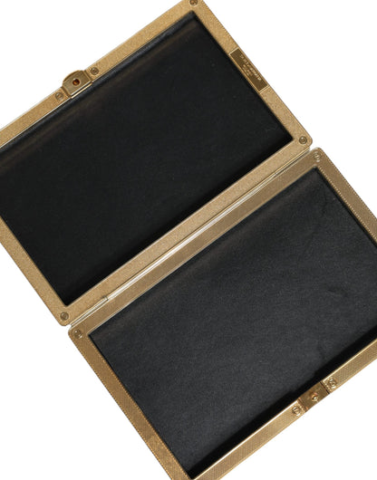 Dolce & Gabbana Leather Brass Evening Box Clutch Convertible Handbag - Black Gold