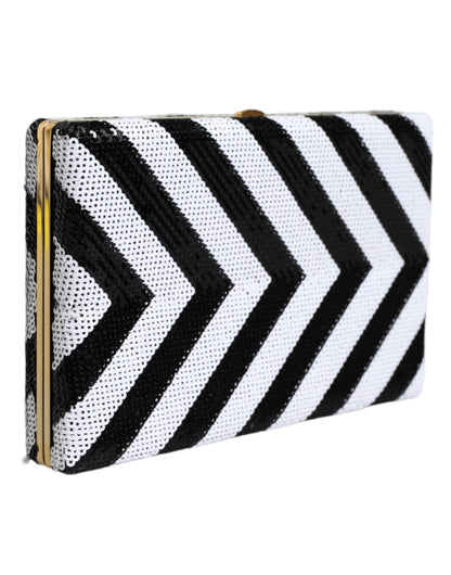 Dolce & Gabbana Goat Leather Aluminium Compact Evening Box Clutch Convertible Handbag - Black Gold White