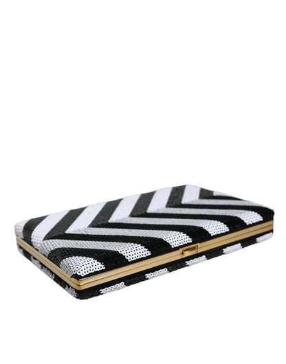 Dolce & Gabbana Goat Leather Aluminium Compact Evening Box Clutch Convertible Handbag - Black Gold White