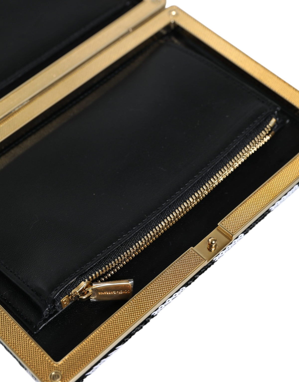 Dolce & Gabbana Goat Leather Aluminium Compact Evening Box Clutch Convertible Handbag - Black Gold White