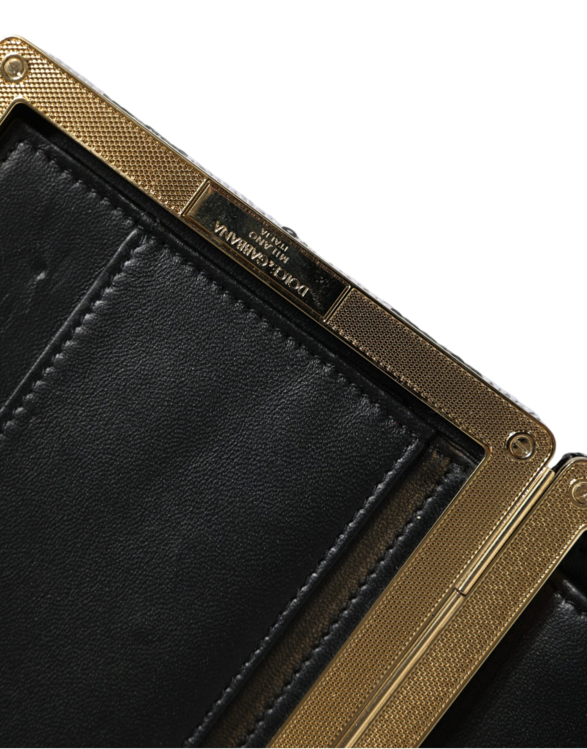 Dolce & Gabbana Goat Leather Aluminium Compact Evening Box Clutch Convertible Handbag - Black Gold White