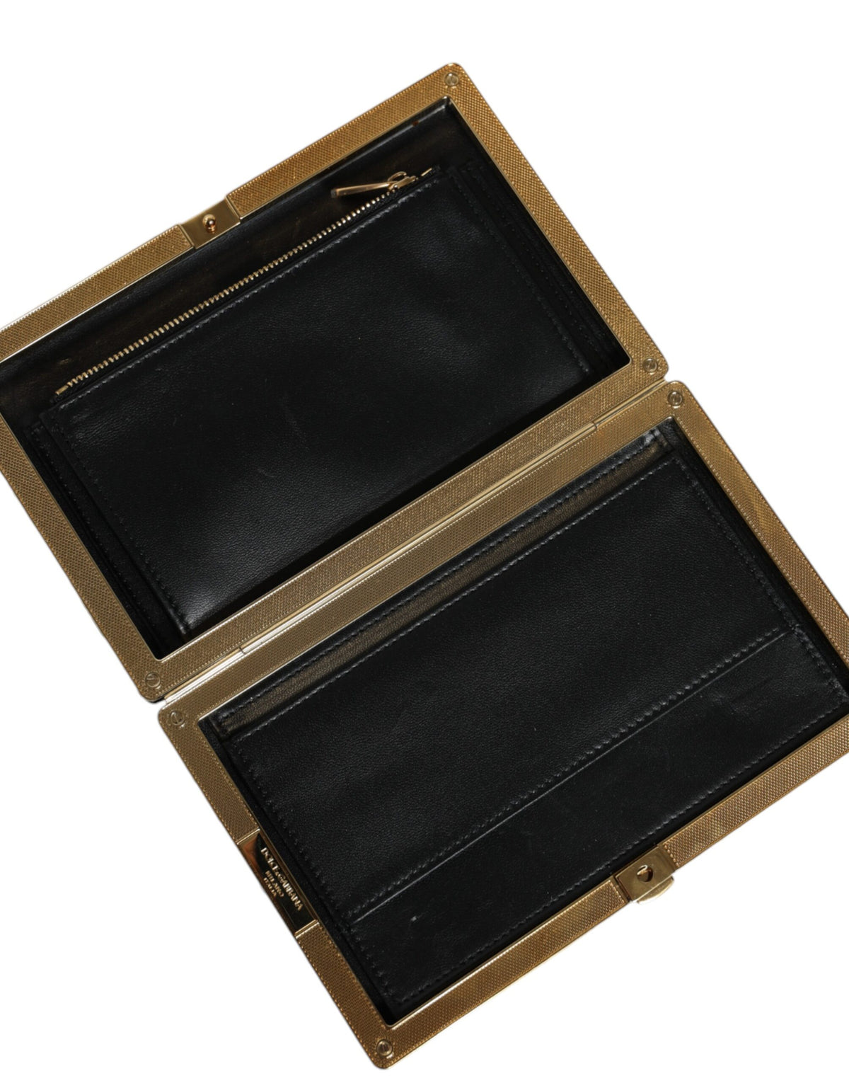 Dolce & Gabbana Goat Leather Aluminium Compact Evening Box Clutch Convertible Handbag - Black Gold White