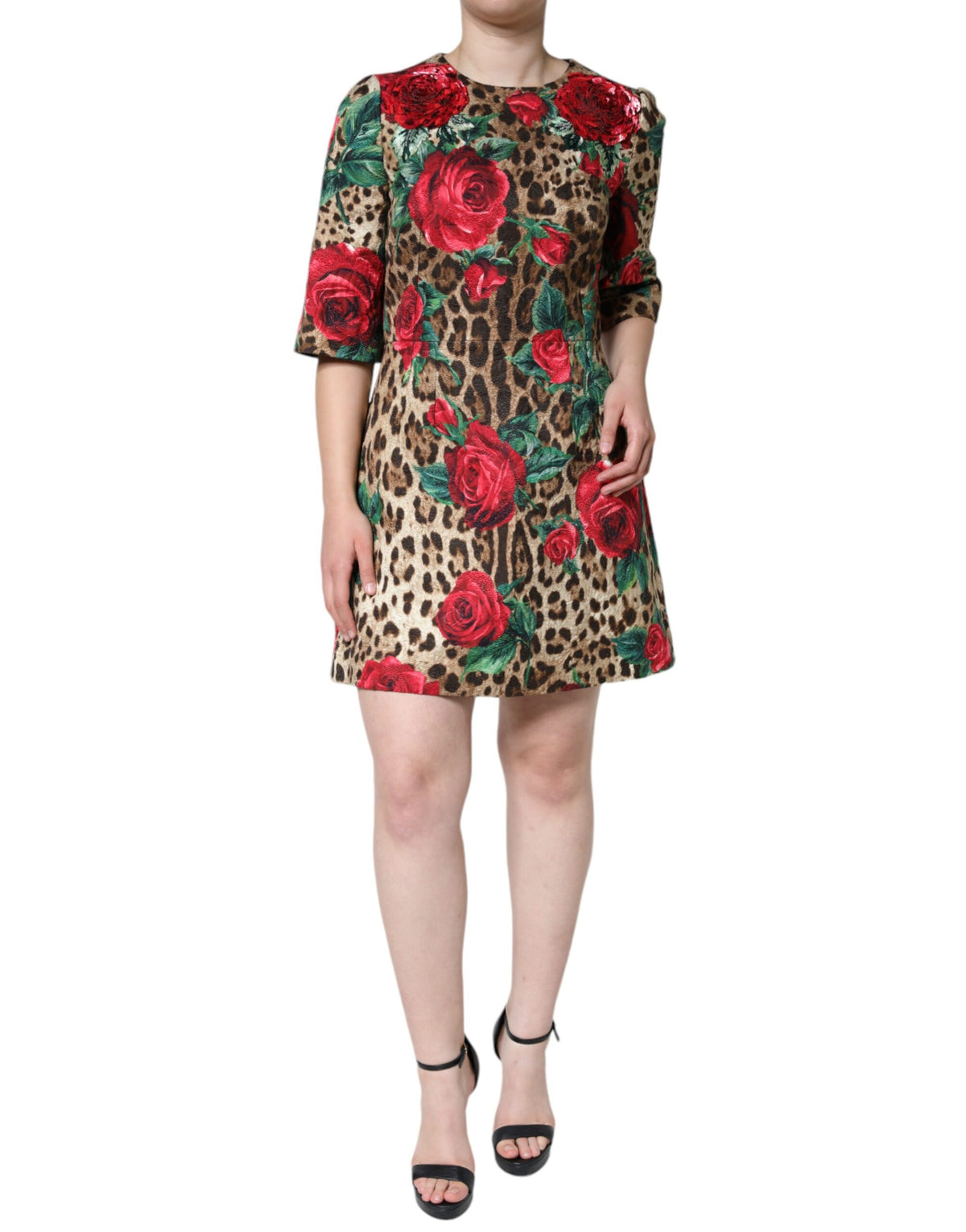 Dolce & Gabbana Women's A Line Short-Sleeve Silk Viscose Cotton & Polyester Short Dress - Brown Red Leopard Print Floral Print