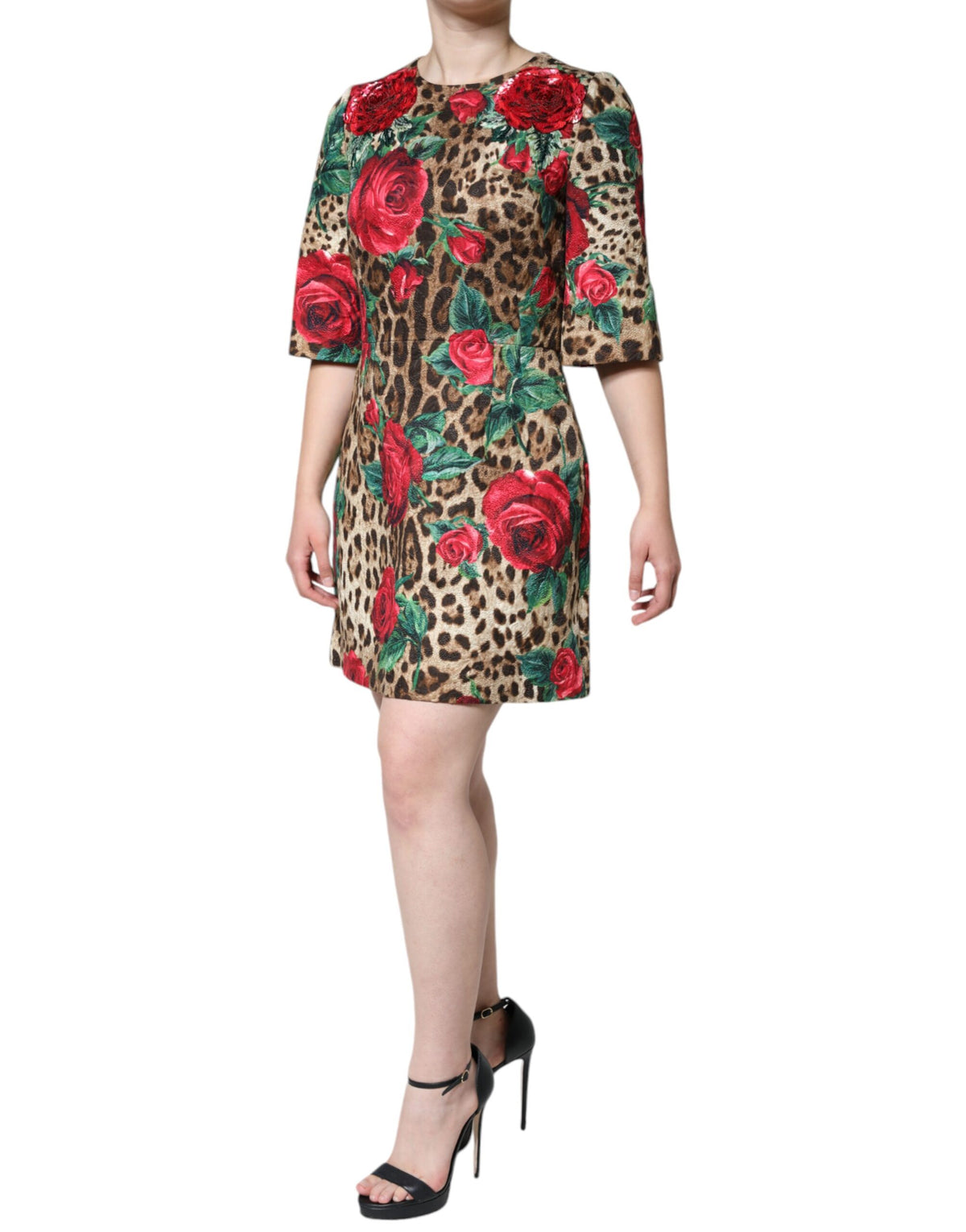Dolce & Gabbana Women's A Line Short-Sleeve Silk Viscose Cotton & Polyester Short Dress - Brown Red Leopard Print Floral Print